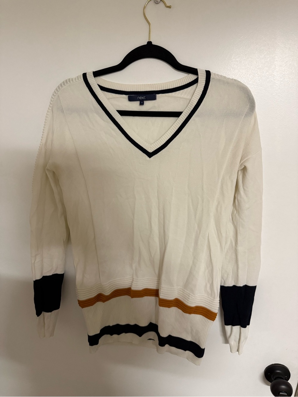Next Women’s Cream V-Neck Sweater with Black & Gold Trim